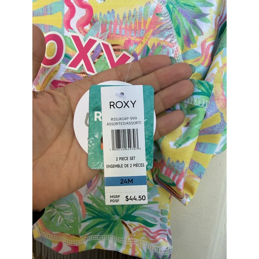 Roxy Kids 2 Piece Rash Guard UPF 50 Tropical Print Yellow Pink Size 24 Months